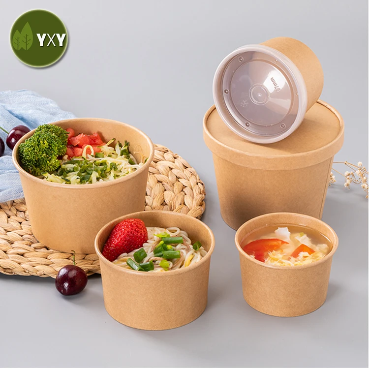 100% Eco Friendly Take Out Kraft Paper To Go Soup Bowls With Lid