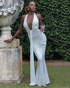 Deep V Neck Backless Ruched Sexy Maxi Dress Women Gown Summer Halter Sleeveless Draped Club Party Long Dress