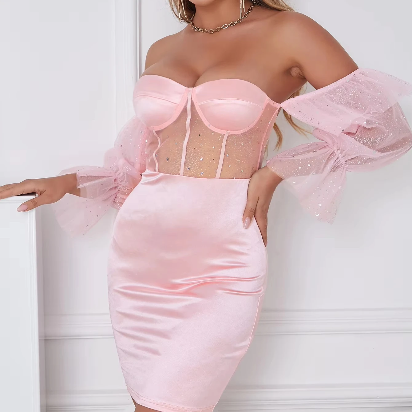 strapless open back dress Fit-And-Flare Short Homecoming Dress with Glitter Dusty Blue / 3XLarge main image 0