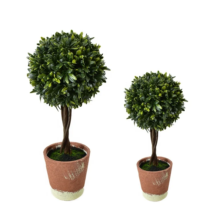 Artificial Boxwood Topiary Tree  Potted Faux Plant Balls in Brown Pulp Planter Tabletop Home