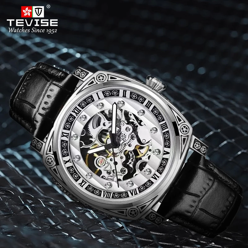 TEVISE Fully Automatic Mechanical Watch Hollow Out Leather Strap Large Dial Luxury Leather Watch for Men Watch