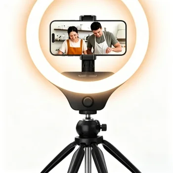 UBeesize 10-Inch Aluminum Selfie Ring Light Tripod Stand with Phone Holder Dimmable LED for Makeup Live Streaming (iOS/Android) detail image