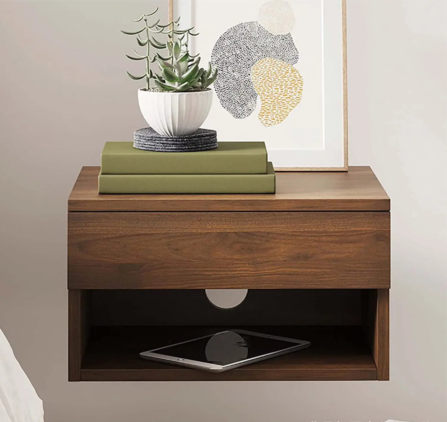 Hanging Bedside Table Floating Nightstand With Open Drawer,Wooden