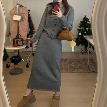 2024 Wholesale Solid Cardigan Crew Neck Sweater With Skirt Elegant Woman Sets