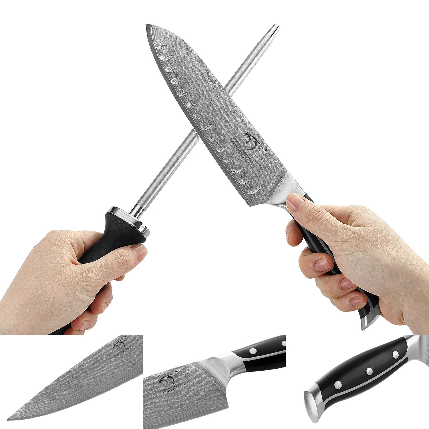 Damascus Kitchen Knife Set, 9 pieces Chef knife Set with Comfortable Ergonomic ABS Handle