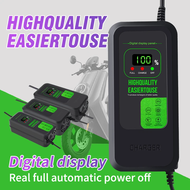 Intelligent Pulse 180W 60V 30-32AH Digital Display Electric Car & Bicycle Lead-Acid Battery Charger with AC/DC Ports