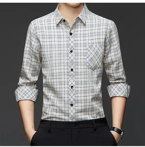 Men's Long-sleeved Cotton-linen Shirt with a Thin Collar and Plaid Pattern for Spring and Autumn