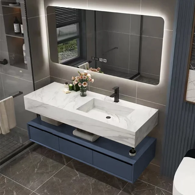 ogrand Luxury Hotel Washroom Slate Basin Countertop Waterproof Oak Wood Vanity LED Mirror Bathroom Cabinet