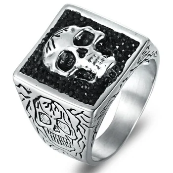 Wholesale titanium 316L stainless steel vintage black stone crystal setting skull gothic punk ring men jewelry