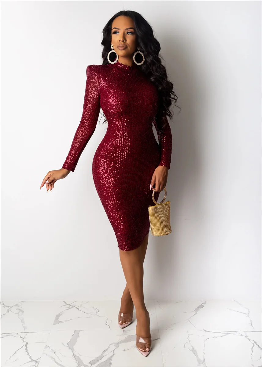 Elastic Slim Fit Multicolor Sequin Tight Long Sleeve Midi Sequin Pencil Dresses for Women Lady Elegant Party Evening Elastic Slim Fit Multicolor Sequin Tight Long Sleeve Midi Sequin Pencil Dresses for Women Lady Elegant Party Evening