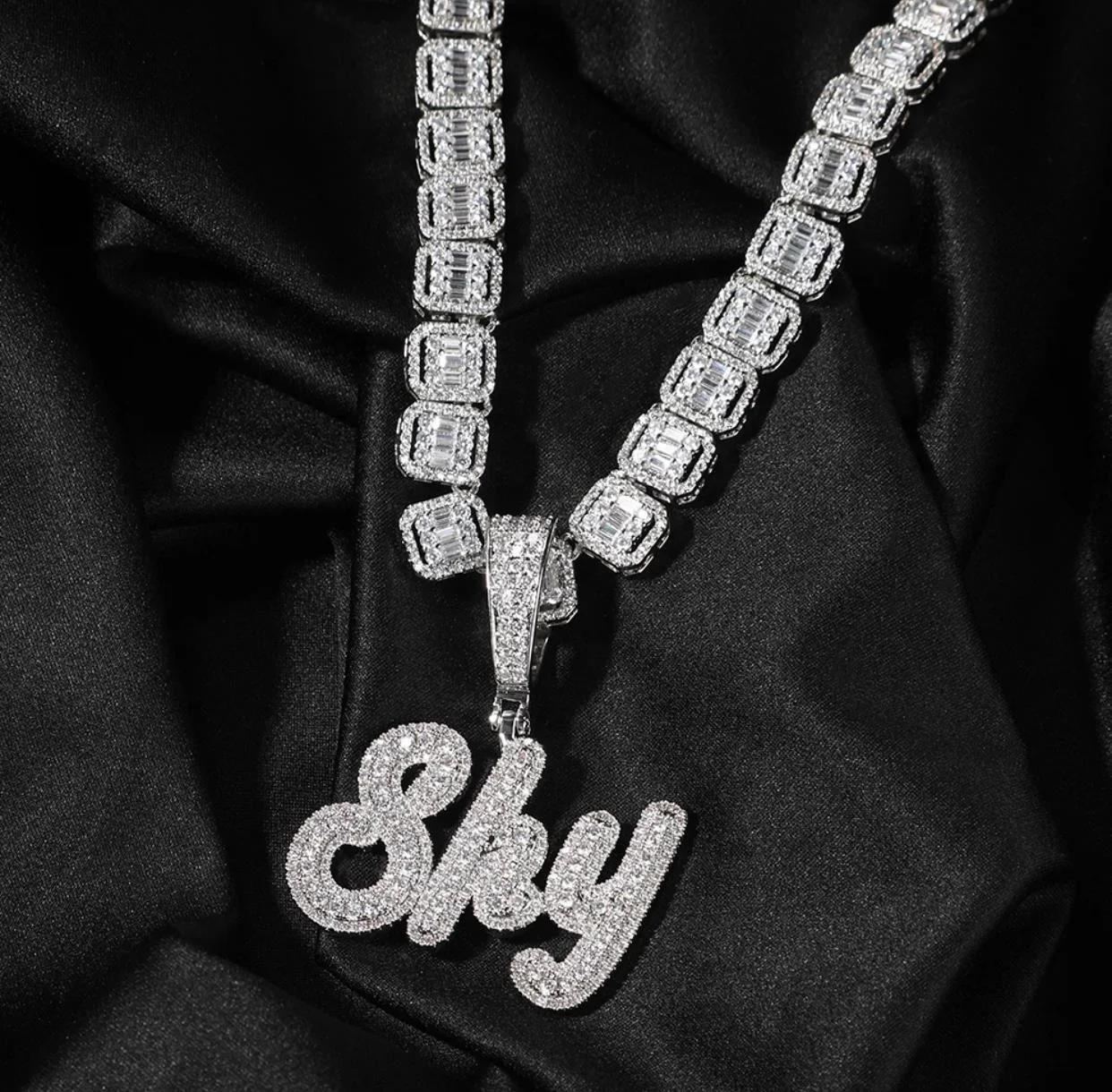 Square Tennis Chain Cursive Letter Iced Out Personalized Nameplate Bling Necklace Custom Diamond Name Pendant