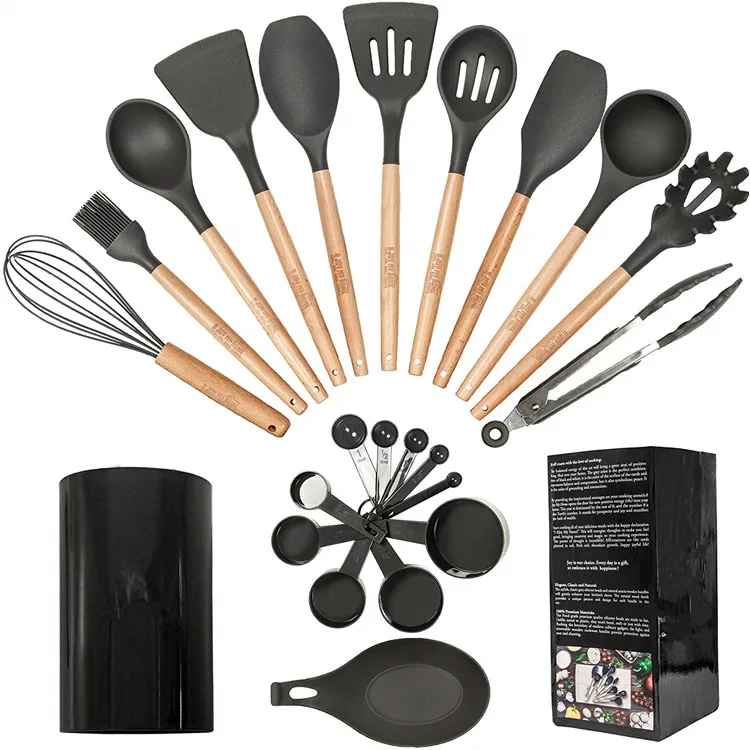 
 Durable heat resistance 23 piece wooden and silicone cooking kitchen utensils set with holder  