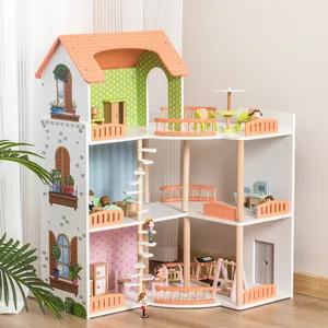 Sweetheart Cottage 3-Storey Wooden Doll House Play Set Large DIY Toy with Wooden Furniture for Kids Model Toys