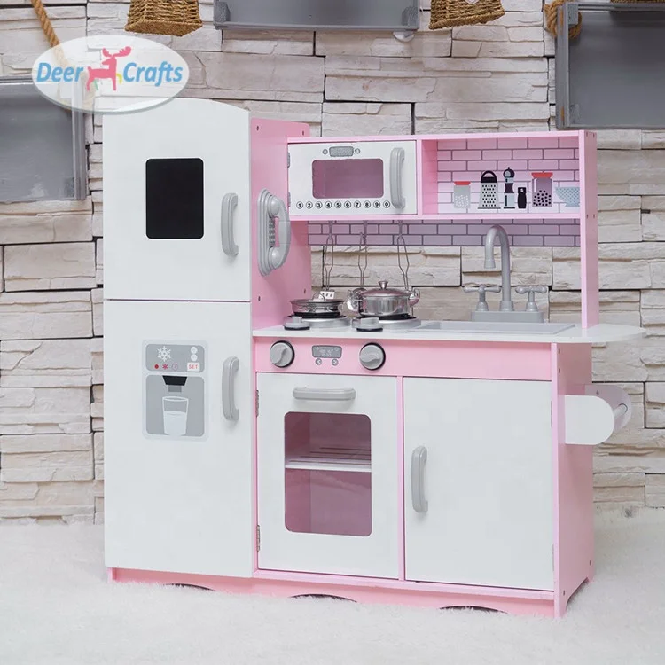 wooden pink and white kitchen set