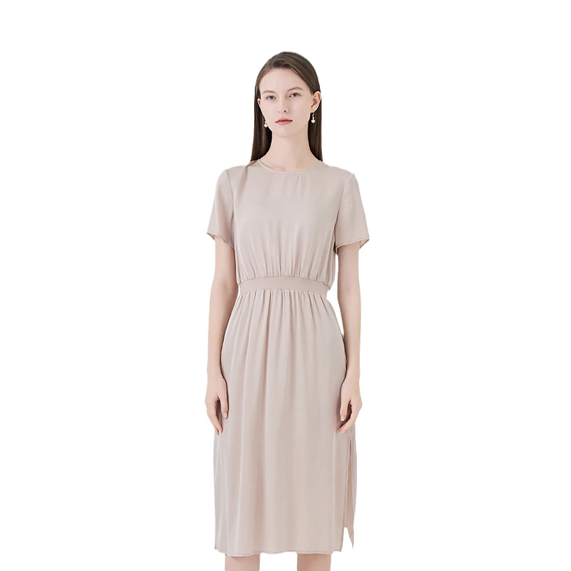 Изготовленный на заказ; Летние футболки «French разрез шелковое платье миди с короткими рукавами вневременной Элегантная Леди Стиль тонкий вид О-образным вырезом