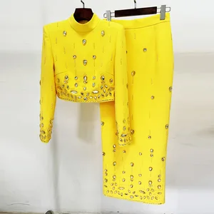 Round Neck Diamond Blouse Long Skirt Solid Coat Fashion Handmade High Quality Women's Clothing 2024 Hot Selling Women's Sets