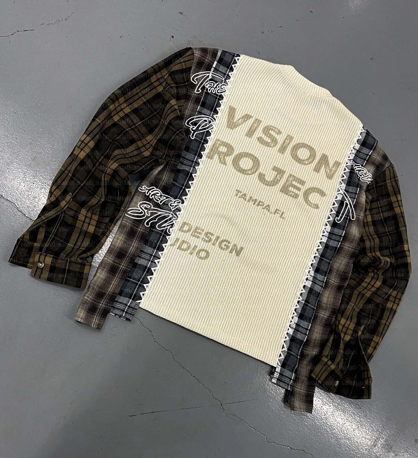 Salati Customize High Quality Patchwork Print Uneven Hem Boxy Fit Oversized Long Sleeve Knitted Sweater Plaid Flannel Shirts Men gallery 2