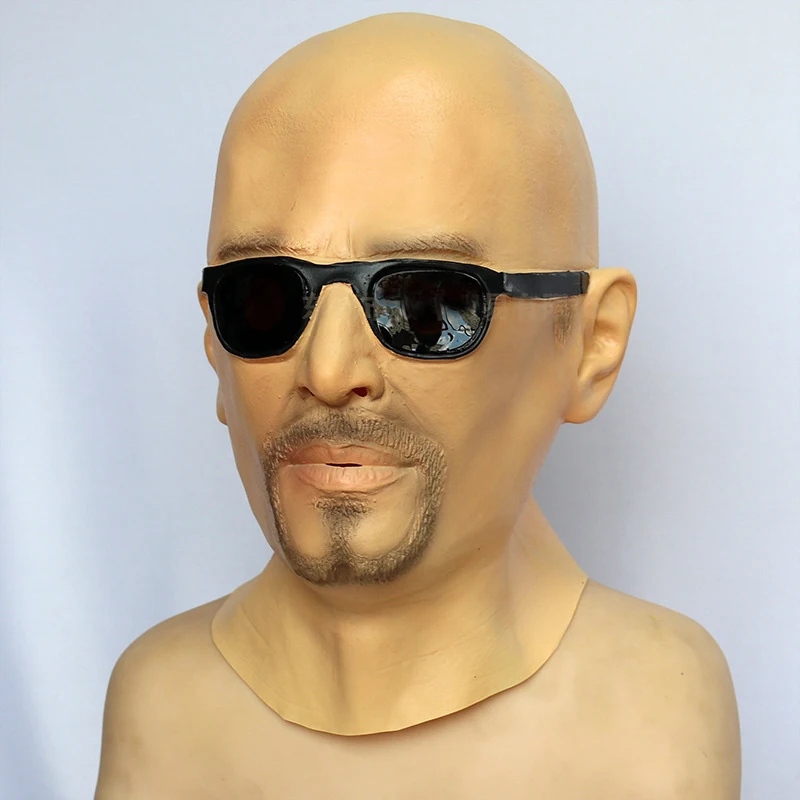 Realistic Man Mask with Wig Latex Human Face With Sunglasses Funny Rubber Masquerade Artificial Human Full Head Party Mask