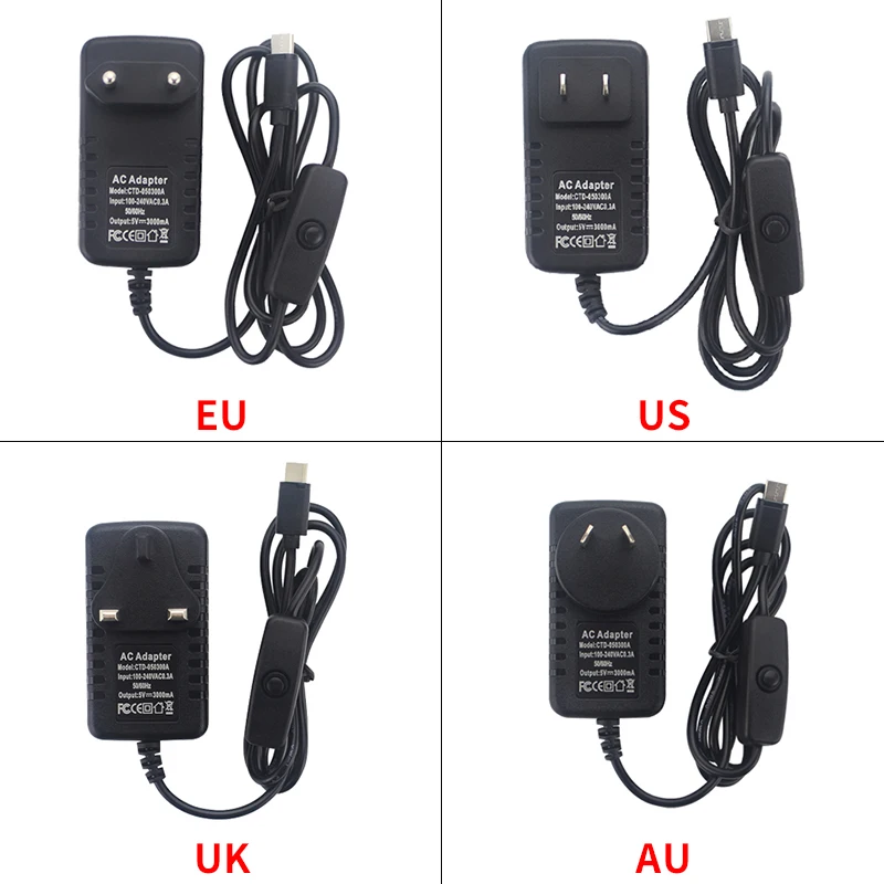 10pcs/lot Raspberry Pi 4 Model B Power Supply 5V 3A USB-C Powr Adapter with ON/OFF Switch Charger for Raspberry Pi 4 B