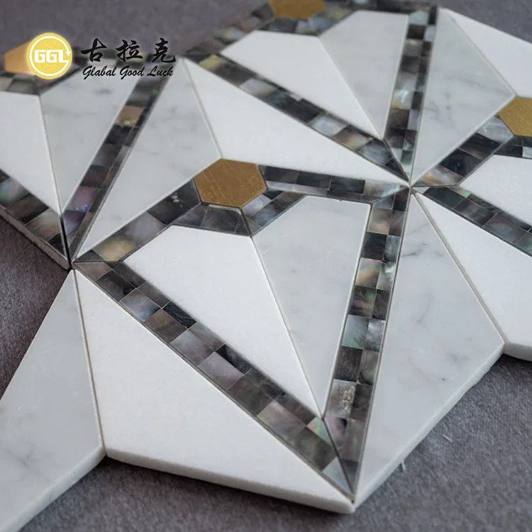 Black Lip Shell Mix White Marble and Brass Mosaic Tiles Waterjet Mosaic Tiles 300*300 mm Sheet