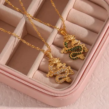 Lucky Jewelry 24K Gold Plated Inlaid Zirconia CZ Chinese Dragon Choker Necklace Non Tarnish Dragon Stainless Steel Necklace