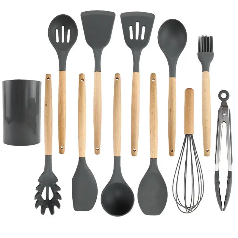 Non-stick Cooking Utensil Silicone Kitchen Utensils Set Factory 12 Pcs Sustainable Wooden Utensils Silicone Tools Modern Simple factory