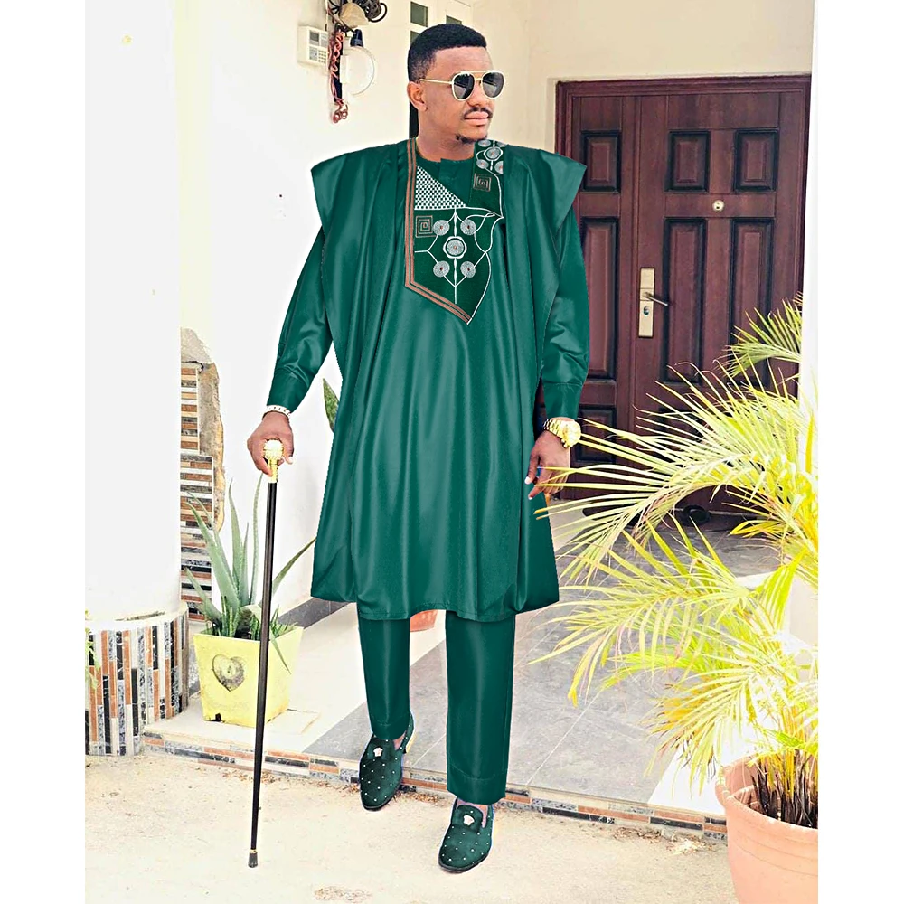 H & D African Clothes for Men Agbada Dashiki Robe 3 Pcs Suit Green Men's Traditional Clothing Bazin H & D African Clothes for Men Agbada Dashiki Robe 3 Pcs Suit Green Men's Traditional Clothing Bazin