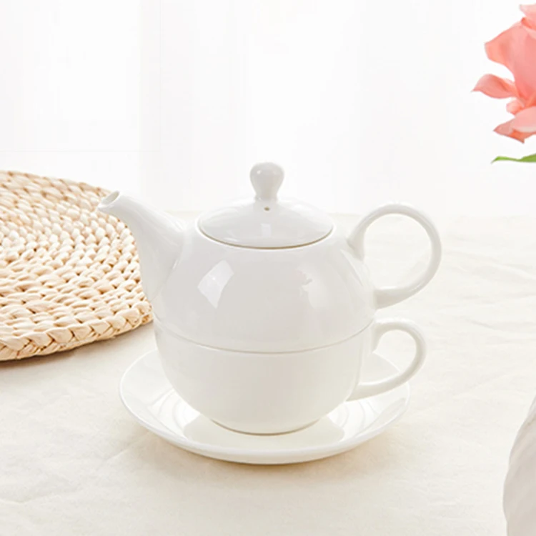 Custom Ceramic Tea for One Set Porcelain Teapot with Cup and Saucer Single Used Stackable Pot