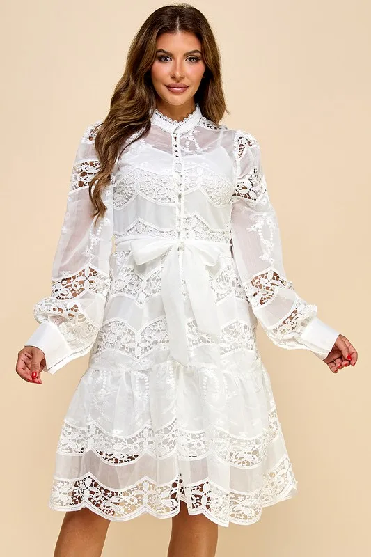 Vintage Elegant Short Transparent Lace Dress Natural Waistline Woven Breathable Weave - Image 3