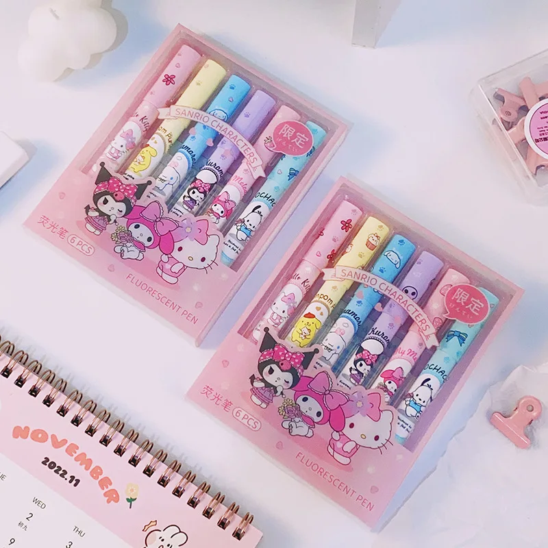 School Girls Kawaii Cute 6 Colorful Markers Highlighter Pen Sets For ...