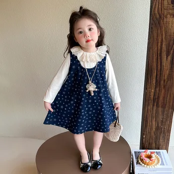 Spring and Autumn 2025 New Stylish Children's Dress Floral Baby Denim Dress Korean Style Two-piece Set
