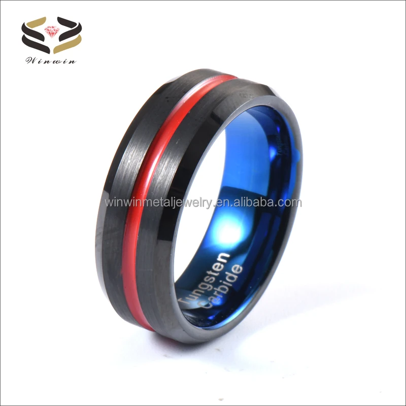 Red Strip Brushed Blue Tungsten Ring for Wedding and Engagement with Channel Setting