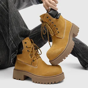Men's Yellow Mid-Calf Casual Thick-Soled Work Shoes Height-Increasing Lace-Up Boots