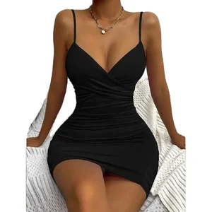 OEM Summer Custom Lady Bodycon Sexy Fashion Women Sling Low Chest V-neck Pleated Package Hip Skirt Nightclub Party Mini Dress