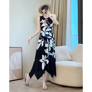 Miyake Elegant Temperament High Waist Dress a Generation's Summer Pleats Vest with Sleeveless Maxi Length Casual Style