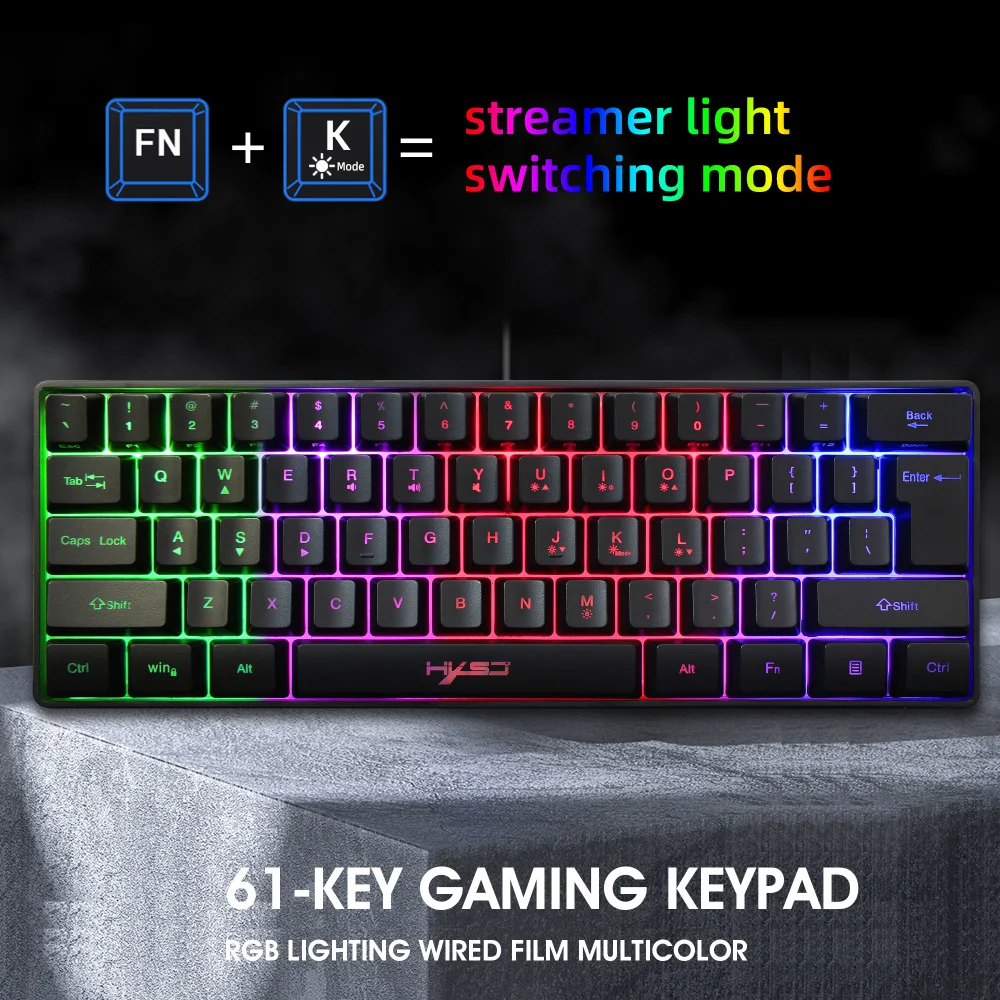 HXSJ V700 61 Key Membrane Keyboard Mini Ergonomic Rgb Mute Usb Interface Gaming Wired Keyboard for Laptop and Office