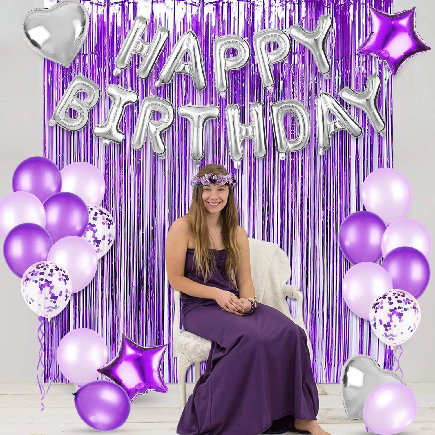 Senmaid Banner di buon compleanno viola glitterato per ragazze compleanno  da appendere coriandoli palloncini ghirlanda decorazione per feste per