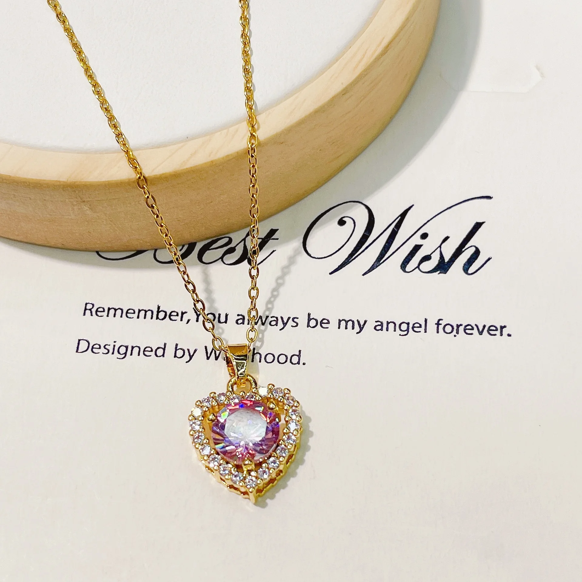 Gold Plated Colorful Available Red Sapphire pink Green Zircon Stone Heart Pendant Necklace for Women