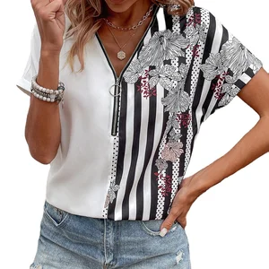 In Chic Design Color Blocking Wide Sleeve Zipper V Neck Short Sleeve Women's Tee for Summer