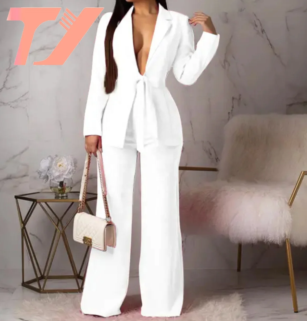TUOYI Pure Color Loose Waistband Two Piece Set Women'S Office Formal  Coat