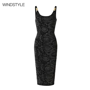 Custom Black Bright Silk Sling Metal Button Waist Knit Sexy Jacquard Design for Daily Spring Autumn Summer Wear-Knee-Length