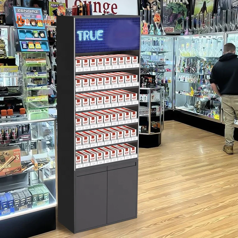 Customized 6 Layers Supermarket Metal Cigarette Rack Smoke Shop Tobacco  Display Rack with Light Box
