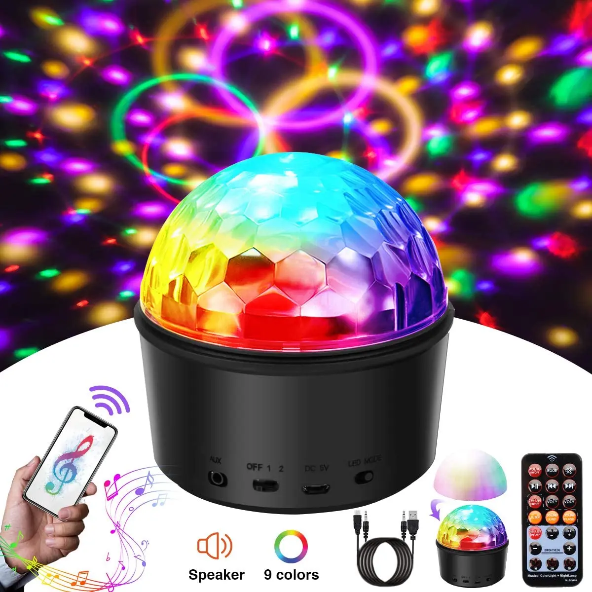 YENJOS Durable Remote Control LED Disco Ball Light Colorful Crystal Ball Lamp Stage Party Bar Lighting Lights 