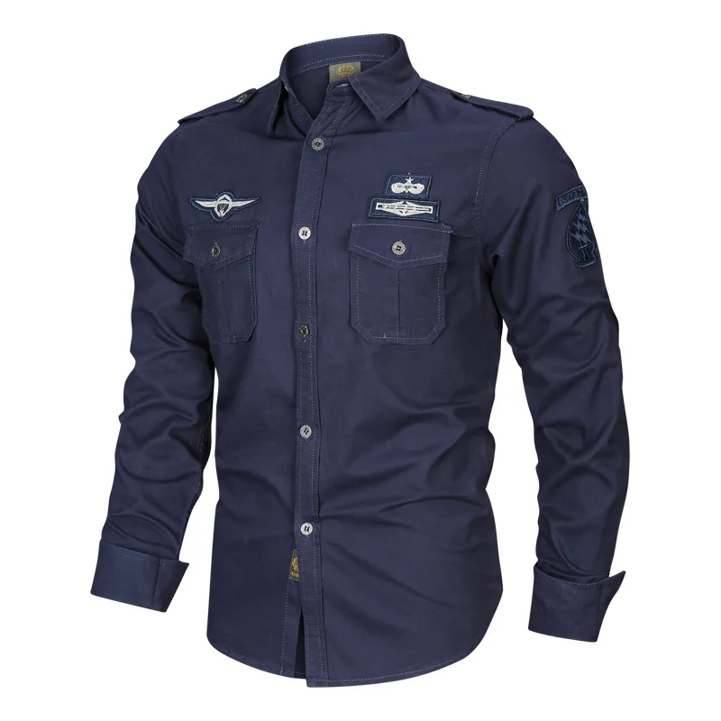 Wholesale Woven Pure Cotton Lapel Patch Embroidered Pilot Long Sleeved Men's Shirt749_voghion.com