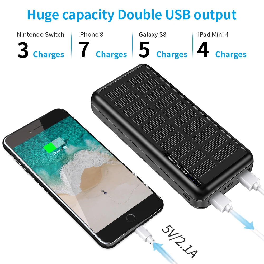 30000mah Rechargeable Battery Dual USB Portable Solor Power Bank Solar  Charger High Capacity With Small Size Li-polymer Battery