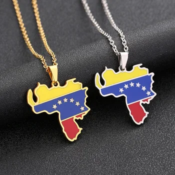 Enameled Venezuela Map Chain Necklaces Stainless Steel 18K Gold Plated Enamel Venezuela National Flag Map Pendant Necklace