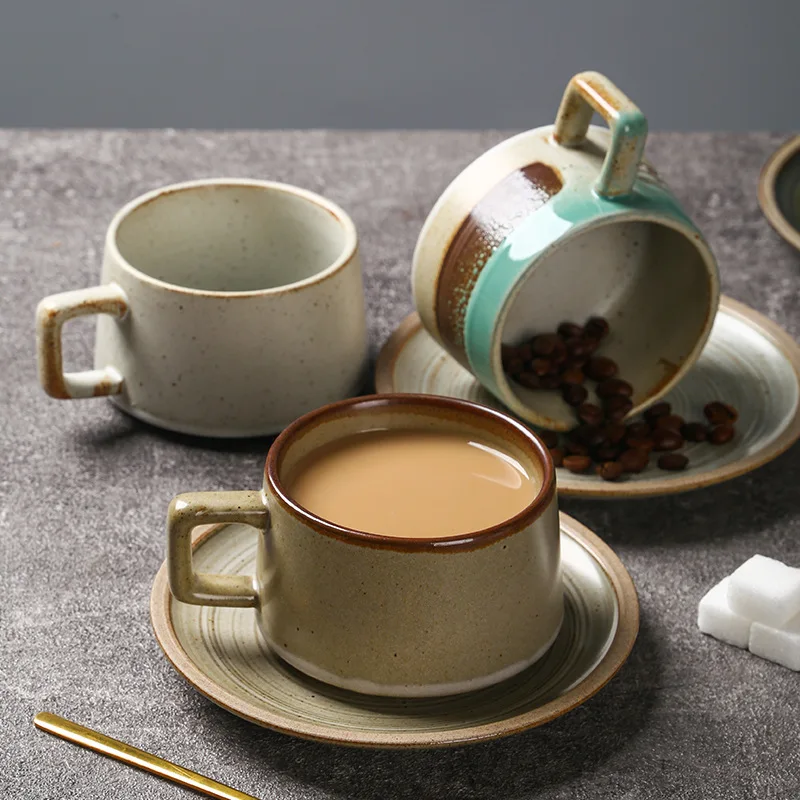 High Quality  Retro Style 300ml Porcelain Coffee Mug and Saucer Ceramic Coffee Cup Set