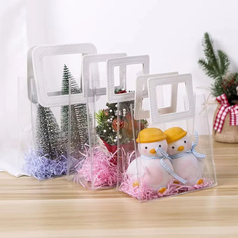 Hot Wholesale Clear Plastic Gift Bags With Leather Handle Reusable Handbag Transparent Pvc