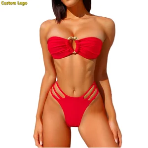 Wholesaler Custom Logo Swimsuit Metal Ring Bandeau Bikini Set Tie Side Bathing Suit High Cut 2 Piece Swimsuit Cutout Swimwear