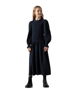 OEM Casual Solid Crepe Cotton Maxi Dress for Kids Girls Clothes Standard Long Sleeve Smocked Dress for Winter Fashionable Design
